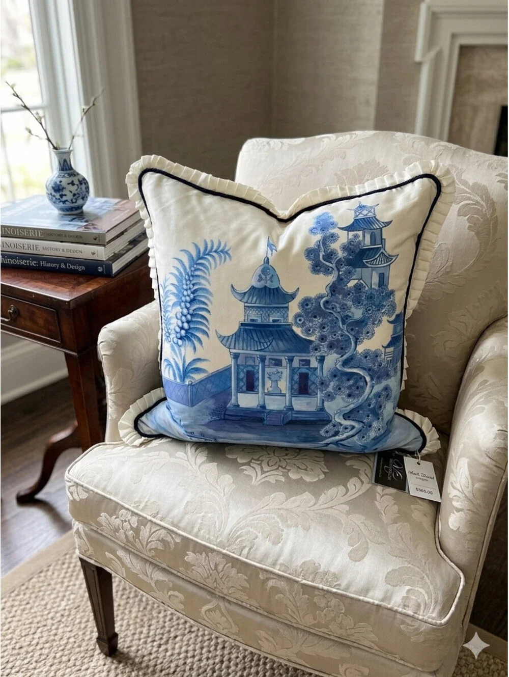 Mark David Designs Hand Painted Silk Pagoda Pillow Chinoiserie Blue White 18x18